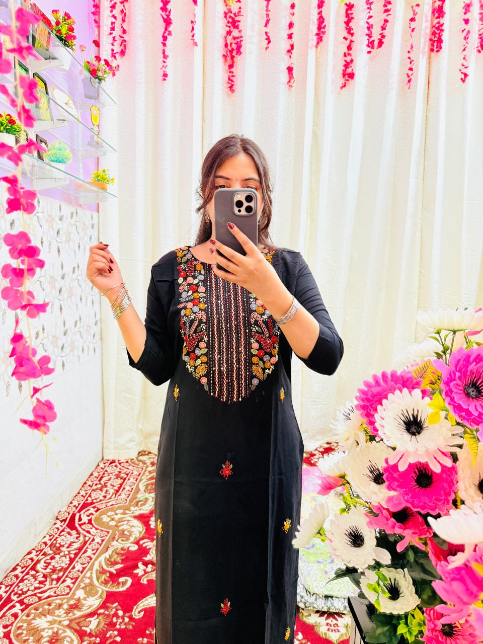 🖤 Black Pure Cotton Kurti with Rich Multicolor Thread Embroidery 🖤