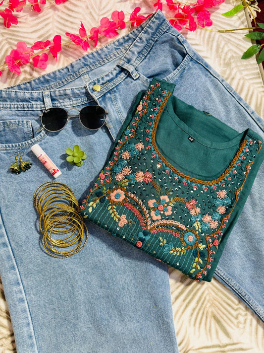 💚 Bottle Green Pure Cotton Kurti with Hand Knot Work Embroidery 💚