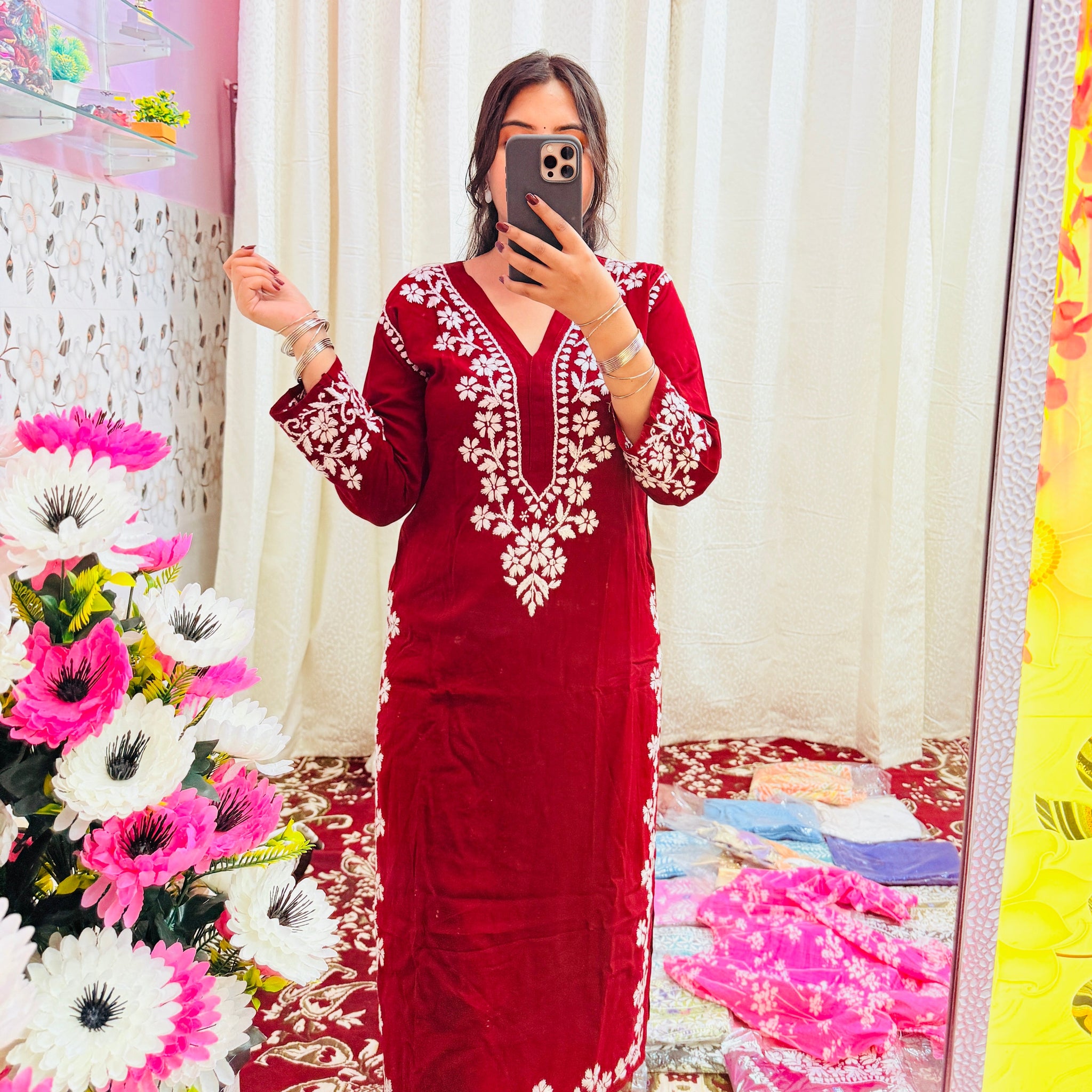 🌺 Maroon Handcrafted Chikankari Rayon Kurti 🌺