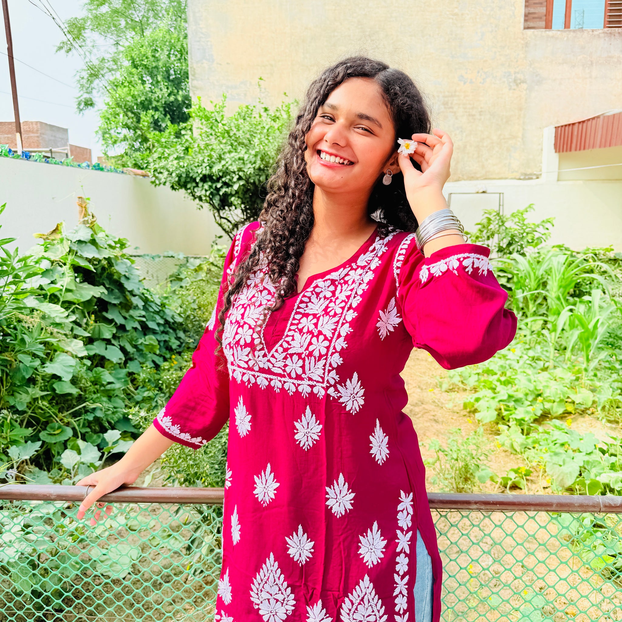 Rani Pink Lakhnavi Chikankari Short Kurti – Pure Cotton with Elegant White Hand Embroidery 🦚