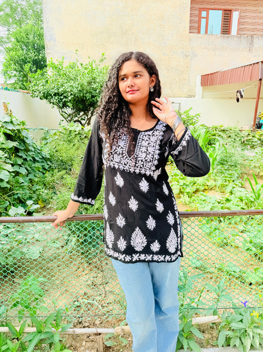 Black Lakhnavi Chikankari Short Kurti – Pure Cotton with Elegant White Hand Embroidery 🖤
