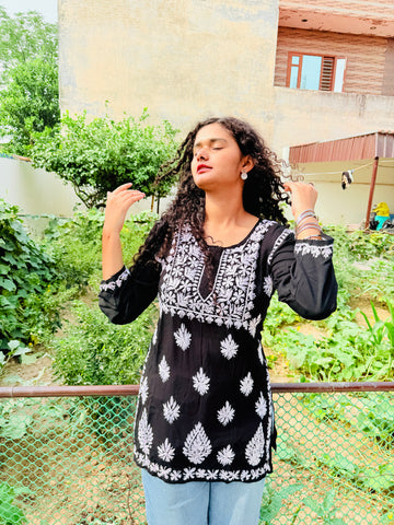 Black Lakhnavi Chikankari Short Kurti – Pure Cotton with Elegant White Hand Embroidery 🖤