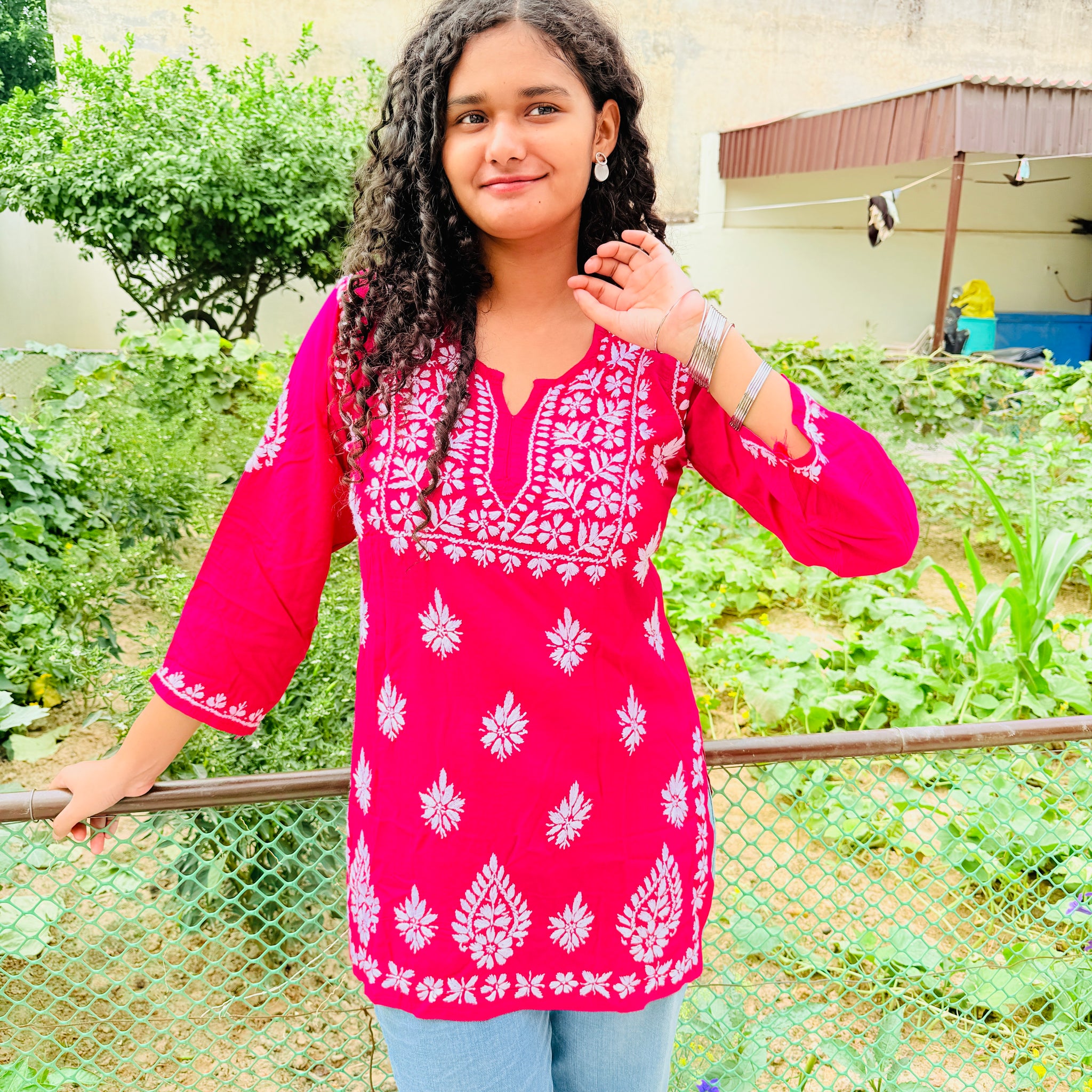 Bright Pink Lakhnavi Chikankari Short Kurti – Handcrafted Elegance in Soft Cotton 🌸