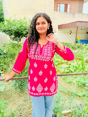 Bright Pink Lakhnavi Chikankari Short Kurti – Handcrafted Elegance in Soft Cotton 🌸
