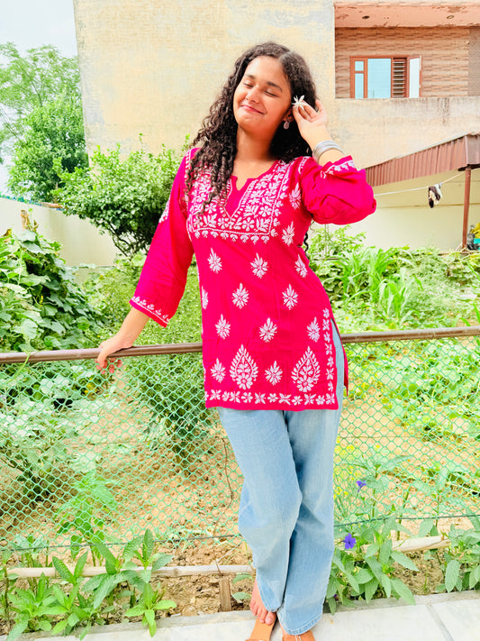 Bright Pink Lakhnavi Chikankari Short Kurti – Handcrafted Elegance in Soft Cotton 🌸