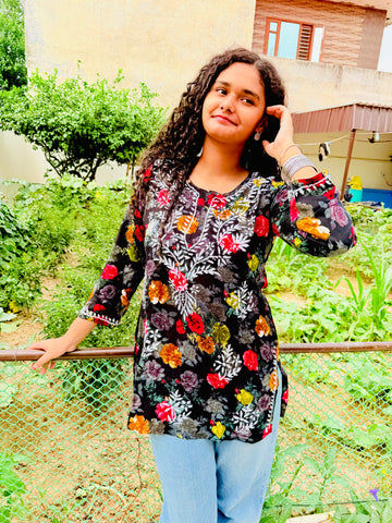 Black Lakhnavi Short Kurti – Handcrafted White Chikankari on Soft Rayon 🌷