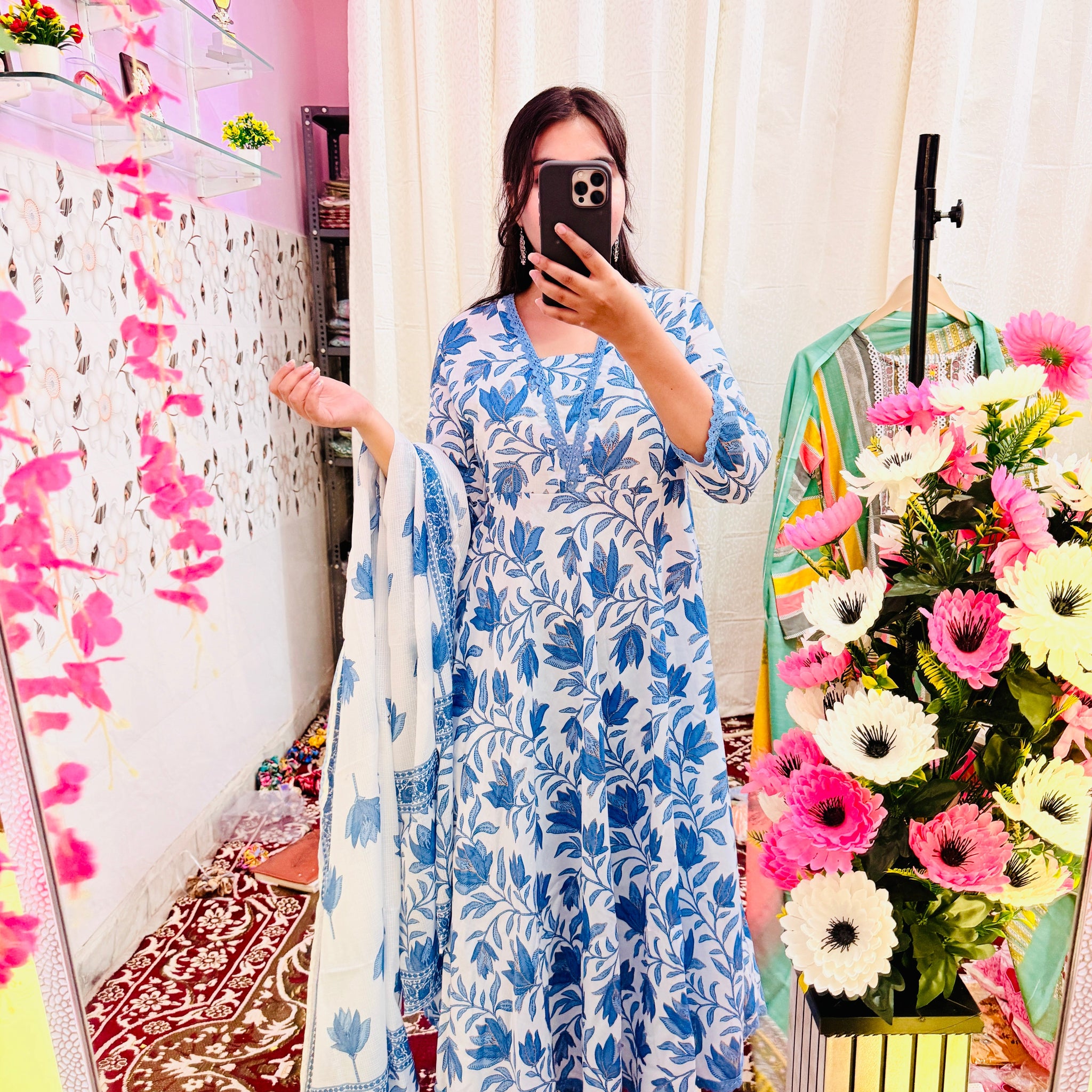 💙 Elegant Blue & White Floral Cotton Suit Set (3-Piece)