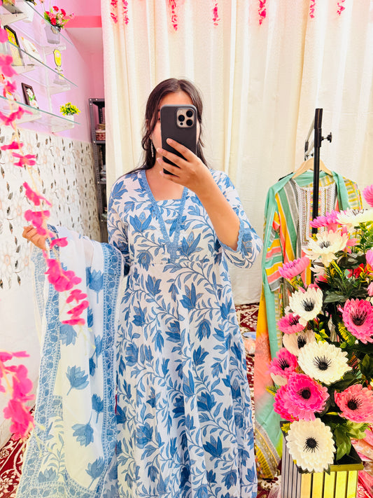 💙 Elegant Blue & White Floral Cotton Suit Set (3-Piece)