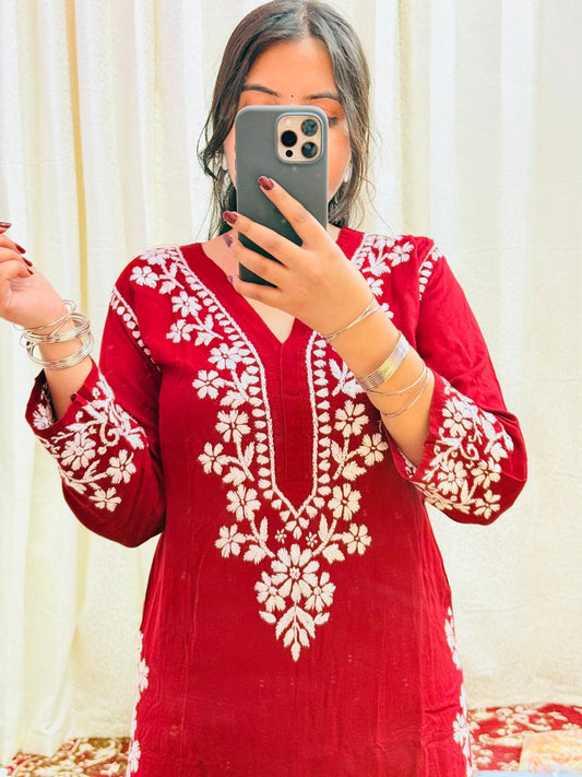🌺 Maroon Handcrafted Chikankari Rayon Kurti 🌺