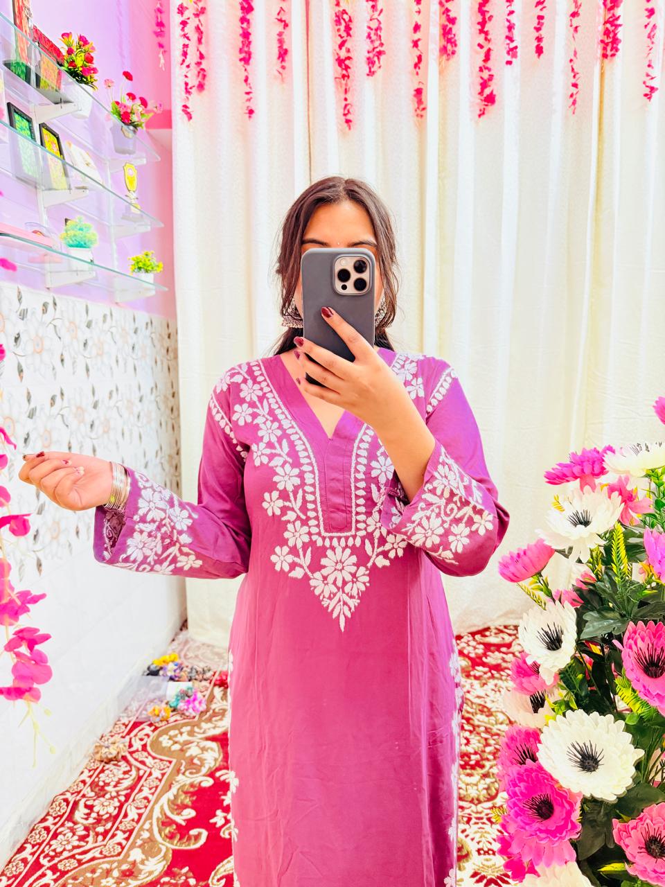 🌸 Lavender Handcrafted Chikankari Rayon Kurti 🌸