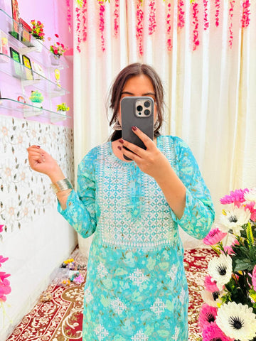 Light Green Cotton Kurti Set