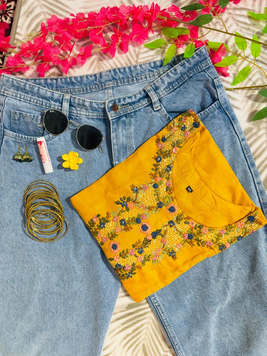 💛 Mustard Yellow Pure Cotton Kurti with Floral Knot Work Embroidery 💛