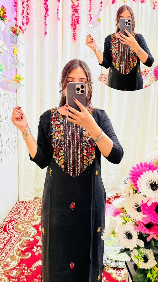 🖤 Black Pure Cotton Kurti with Rich Multicolor Thread Embroidery 🖤